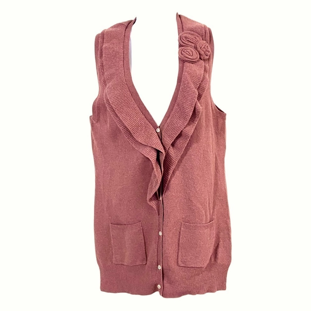 Pink Wool Cashmere Sweater Vest Sz Medium Ruffle Floral Cardigan Button Down
